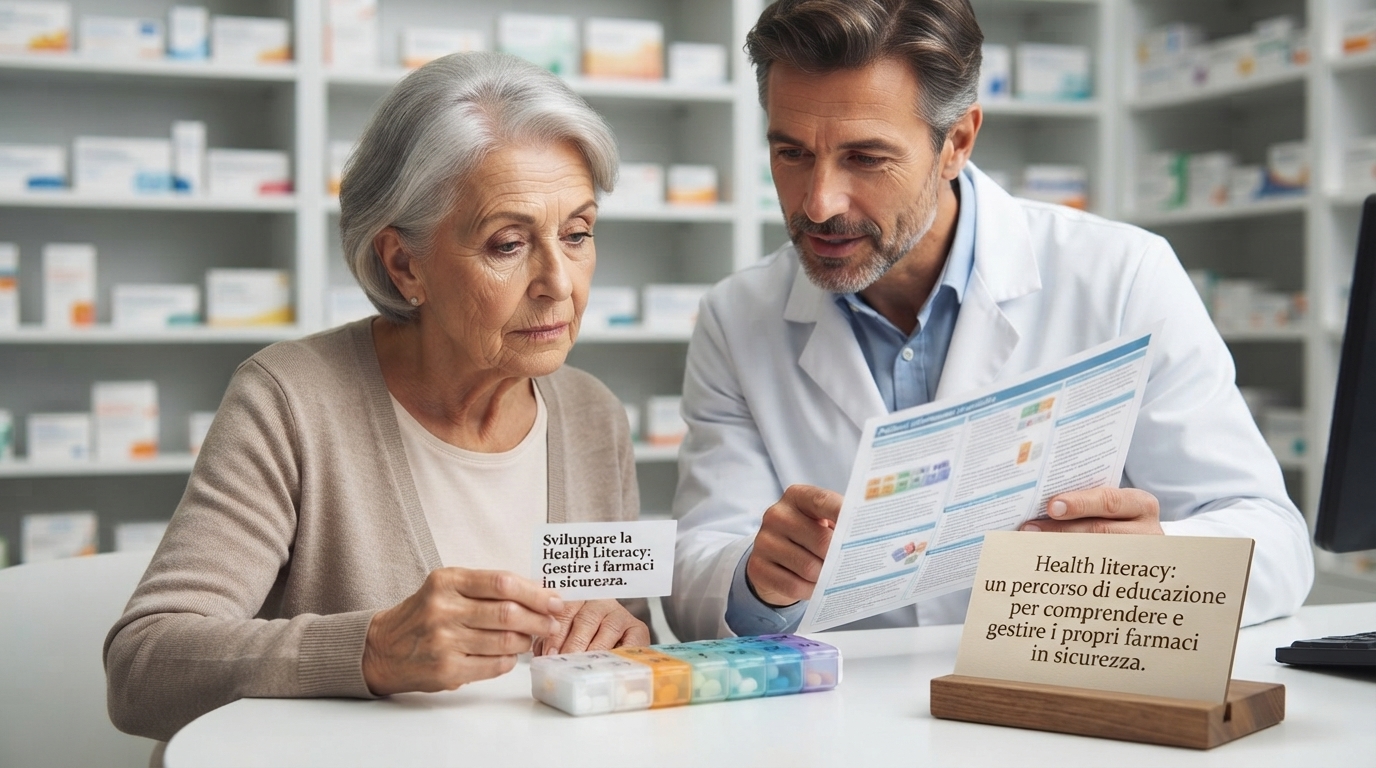 Una signora anziana e un farmacista esaminano insieme un portapillole settimanale