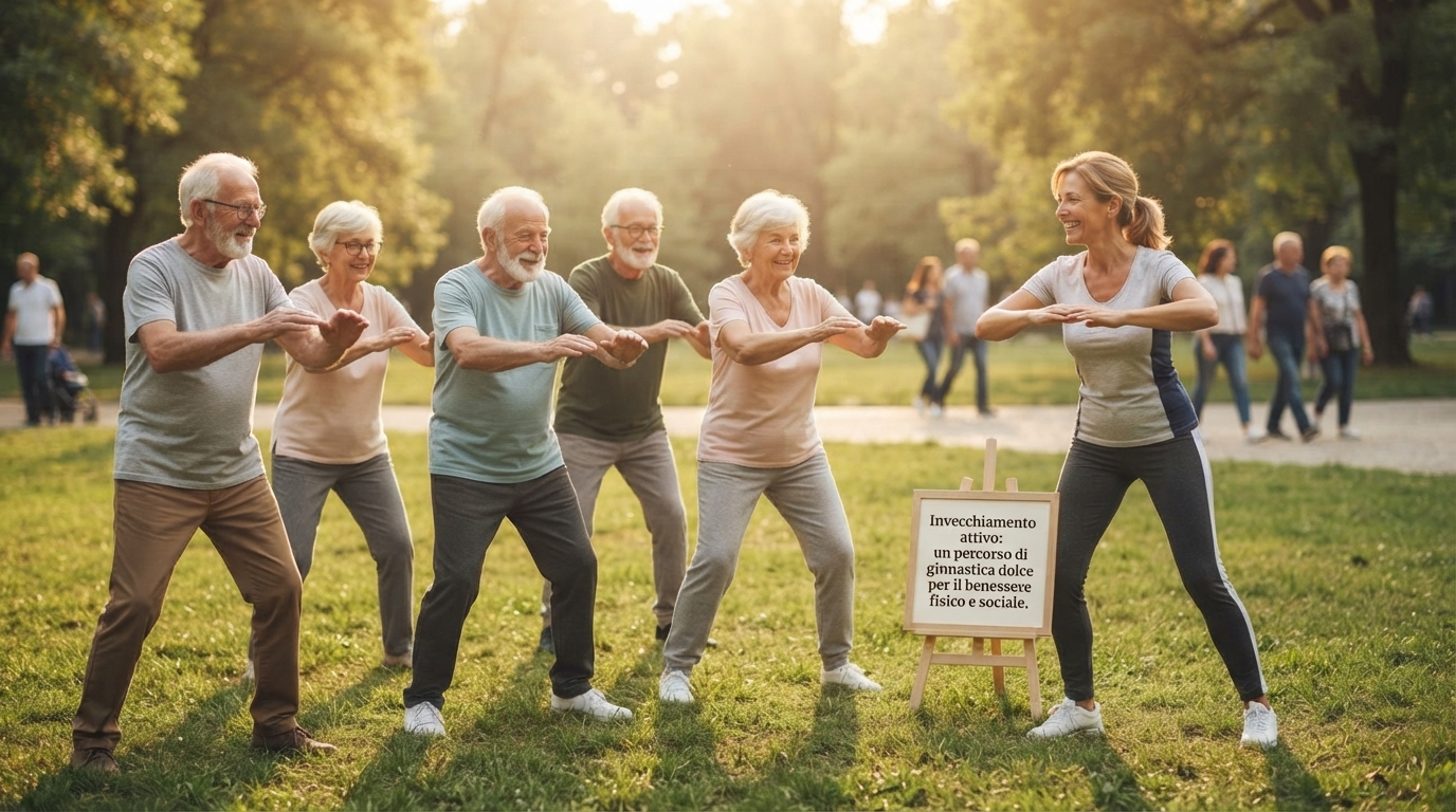 Gruppo di persone anziane fa ginnastica dolce all'aperto in un parco