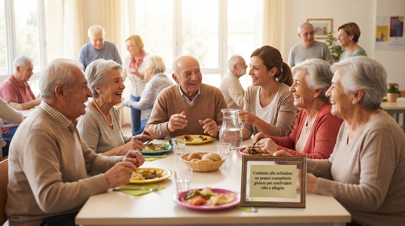 Anziani e volontari ridono insieme durante un pranzo comunitario